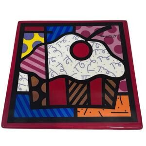 ROMERO BRITTO "Cherry Cupcake" Ceramic Trivet / Wall Hanging Plate Pop Art 8x8